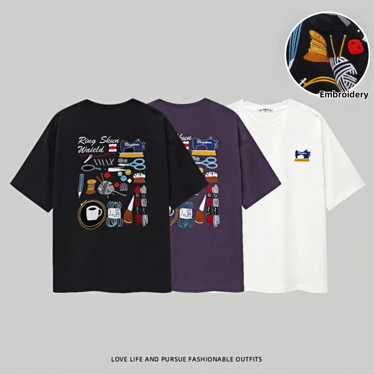 New Arrivals Summer Unisex Loose Short Sleeve:1.3 million - stitch high-quality Heavyweight Pure Cotton Embroidered Fashion T-Shirt