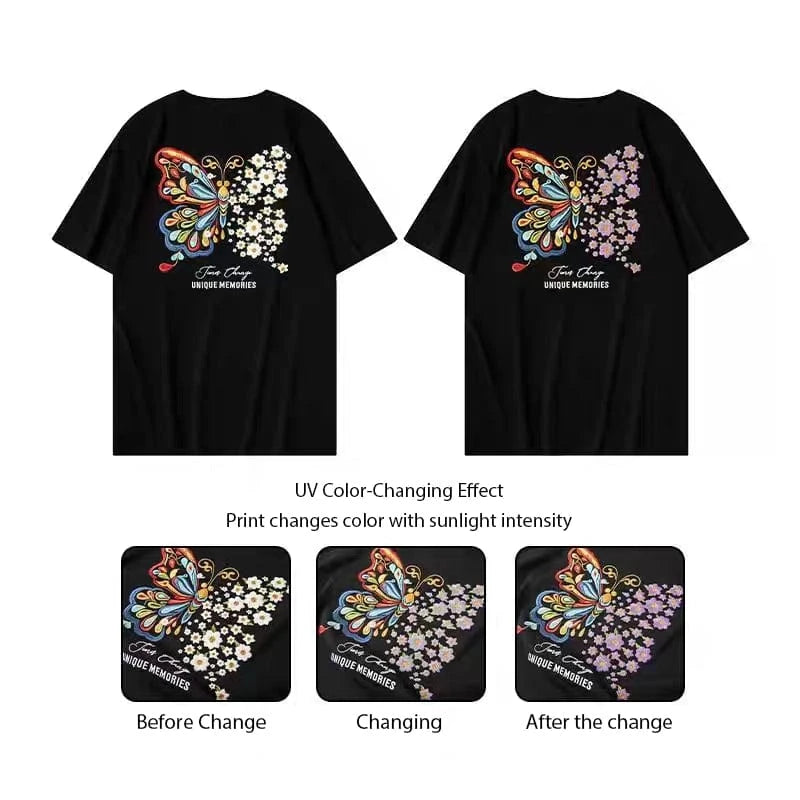 New Arrivals Summer UV-Chromic Butterfly Print Heavyweight Cotton Loose Crew Neck Couple Tee