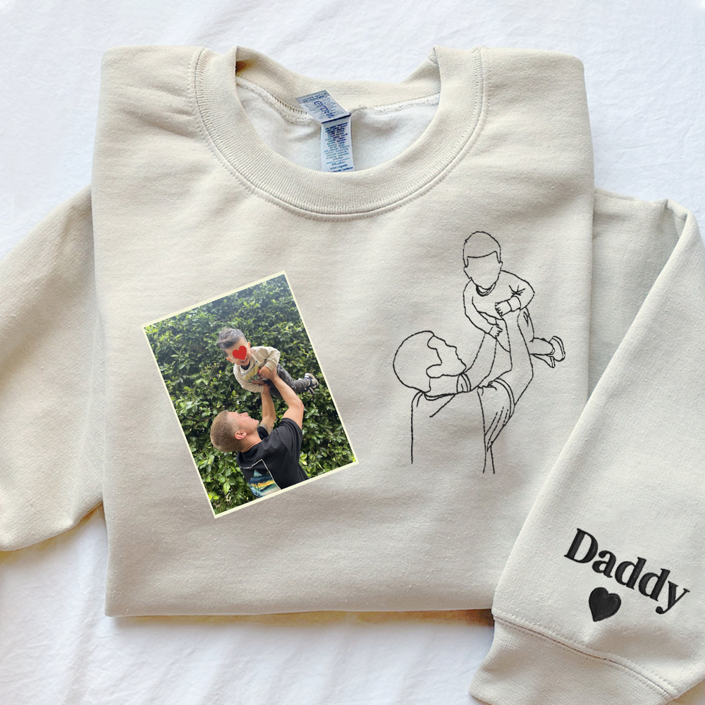 Personalized Gifts For Dad From Daughter Or Son With Outline Portrait Photo Initial Sleeve, Embroidered Sweatshirt