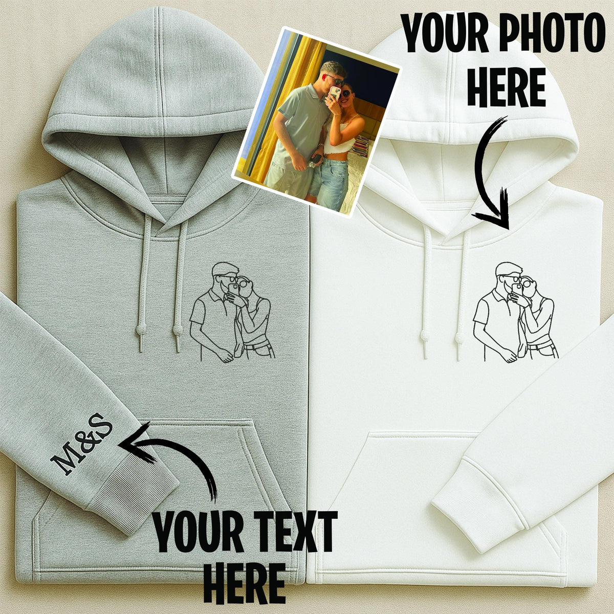 Custom Embroidery Outline Portrait Hoodie, Right Sleeve Initials Hoodie, Personalised Gift, Photo Line Art Hoodie, Embroidered Hoodie Gift