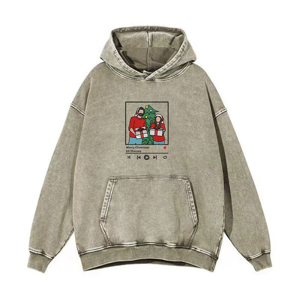Washed hoodie with custom embroidered portrait and music player panel