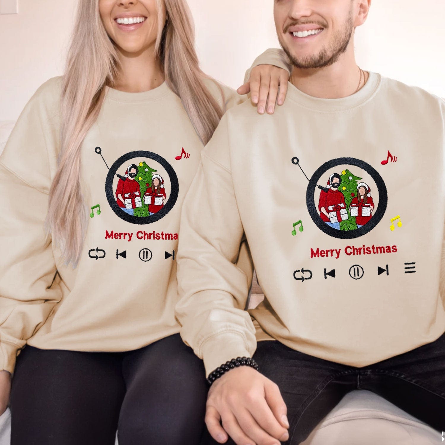 Custom embroidered portrait sweatshirt featuring music player design for couples