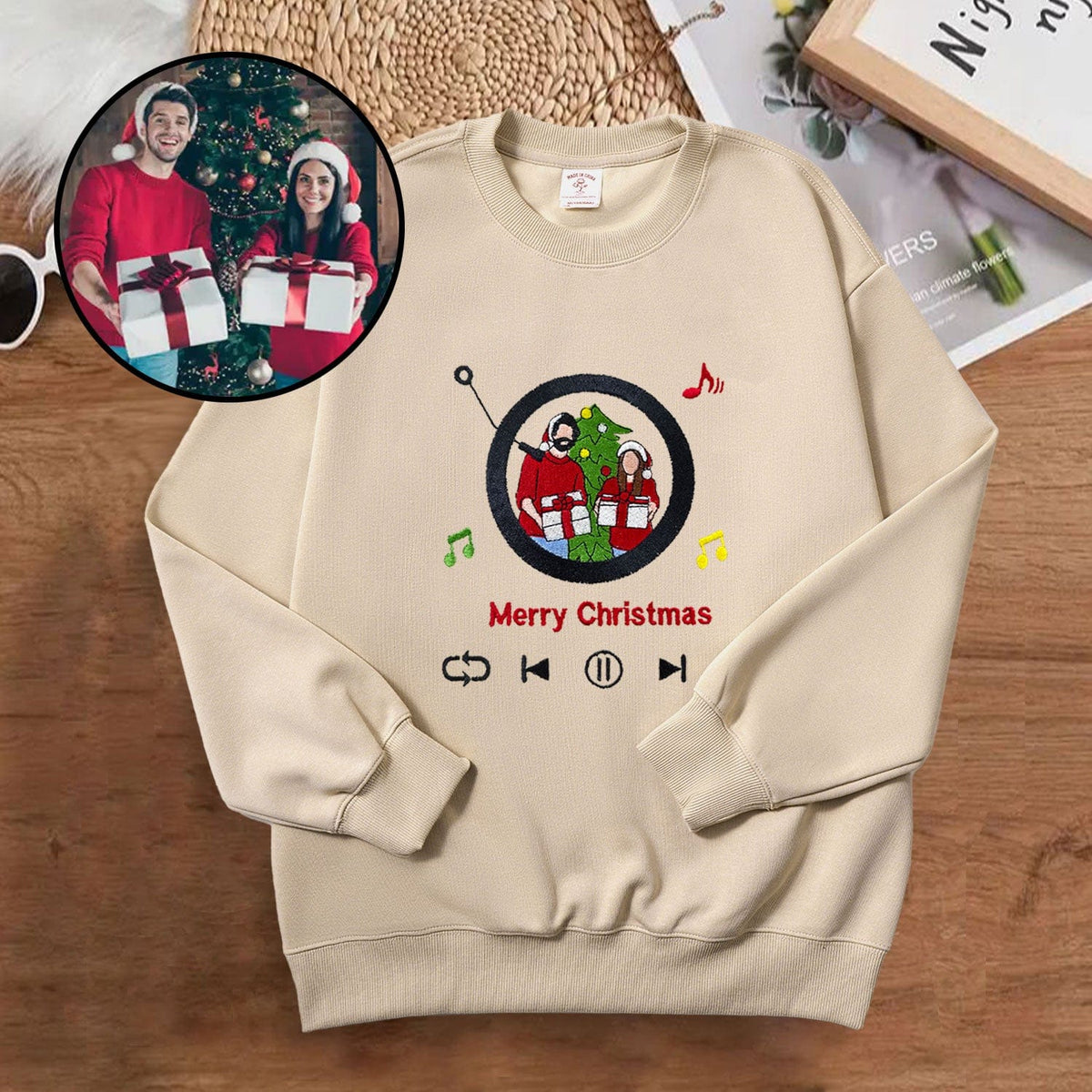 Embroidered music player design with personalized portrait on custom sweatshirt
