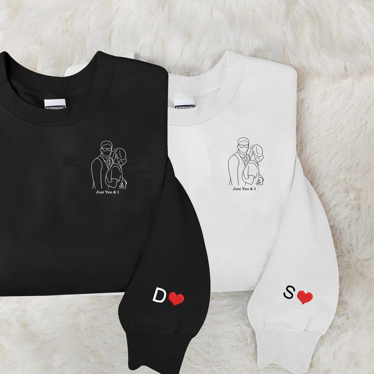 Custom embroidered grey hoodie with couple photo portrait