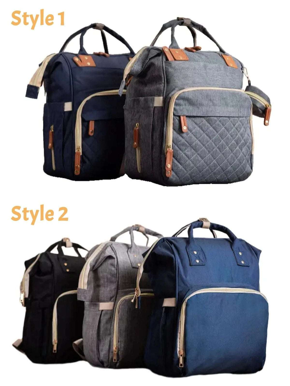 Comparison of two diaper backpack styles in navy, gray and black
