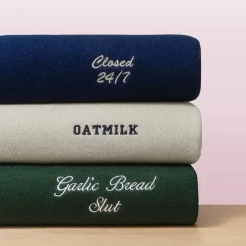 Custom embroidery sweatshirt with left-pocket text embellishment