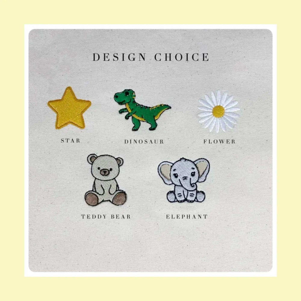 Backpack embroidery choices showing a star, dinosaur, flower, teddy bear and elephant