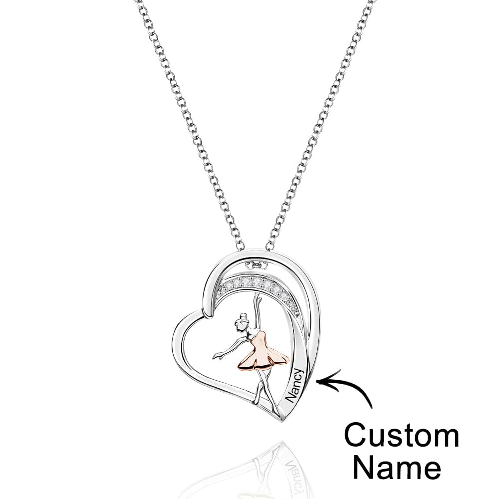 Silver-tone double-heart ballerina necklace with pink skirt and custom name placement