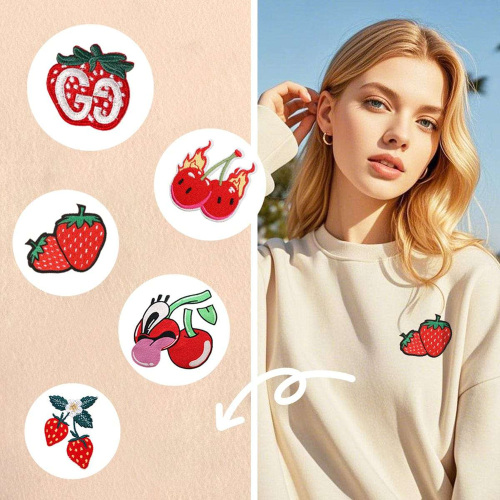 Fruit embroidery options beside a model wearing a cream sweatshirt with a strawberry design