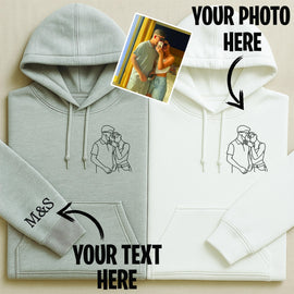 Custom Embroidery Outline Portrait Hoodie, Right Sleeve Initials Hoodie, Personalised Gift, Photo Line Art Hoodie, Embroidered Hoodie Gift