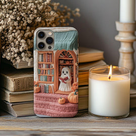 Ghost Bookstore Faux Embroidery Phone Case – Cozy Fall Reading Gift | Autumn Cottagecore Aesthetic for iPhone &amp; Samsung
