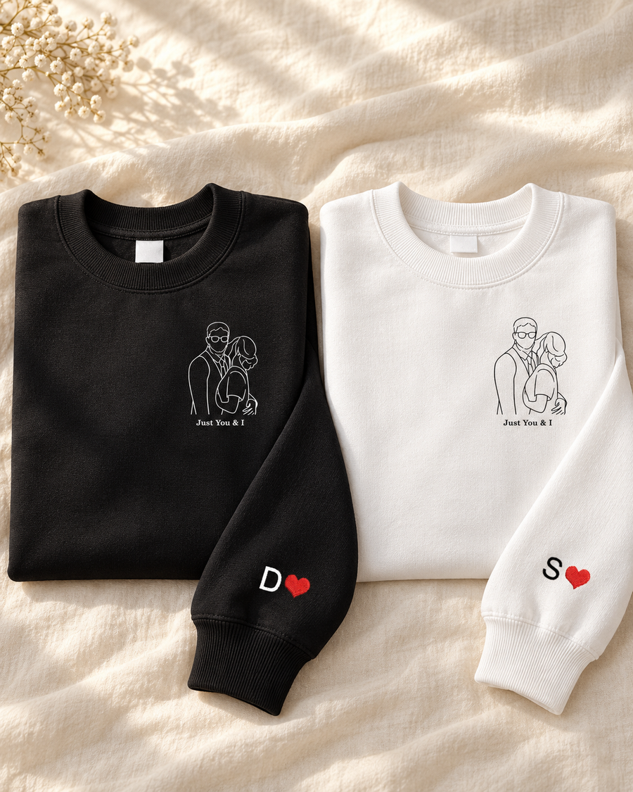 Custom Photo & Text Embroidered Couples Sweatshirt | Personalized Anniversary Gift 2026