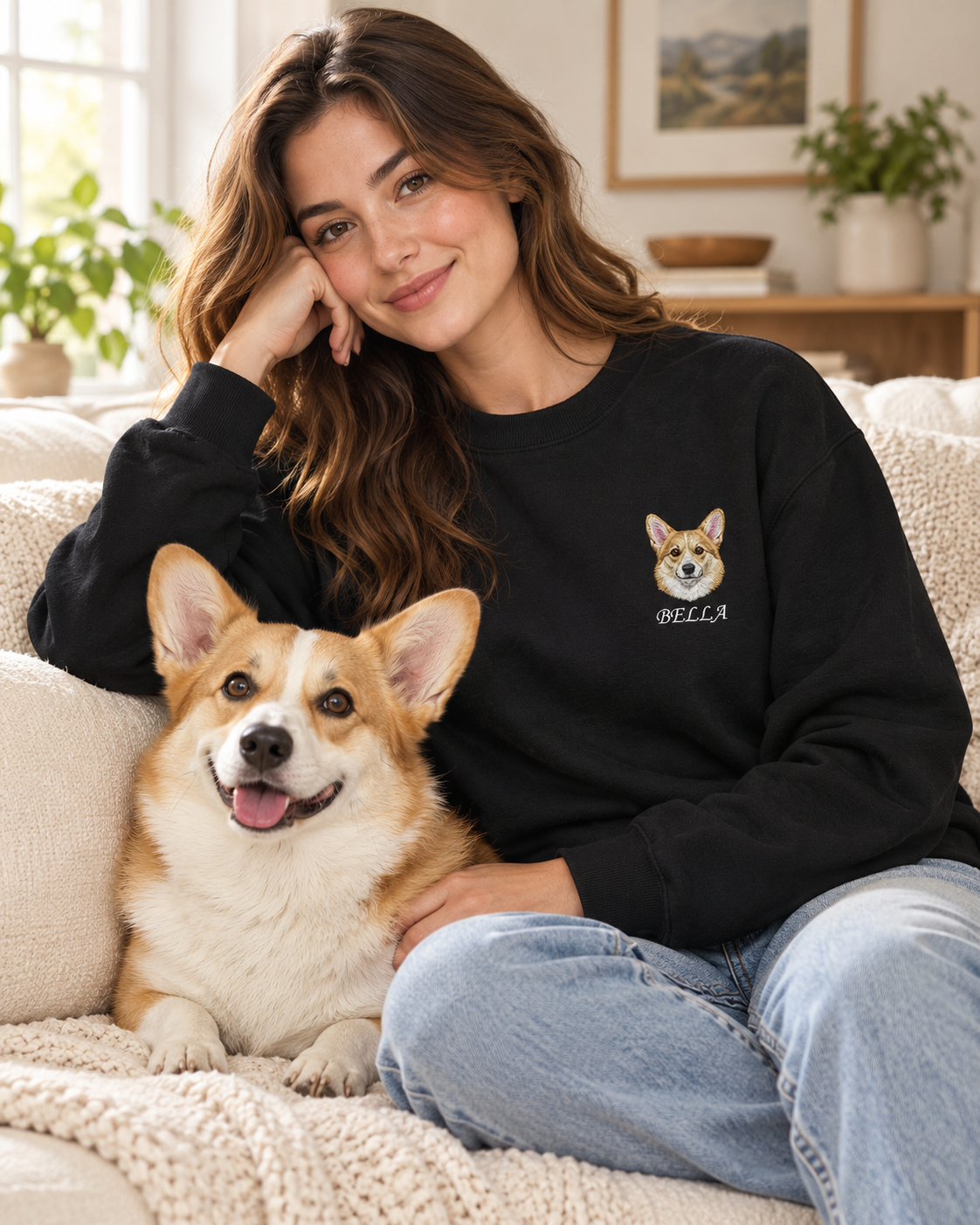 Pet and embroidered portrait together